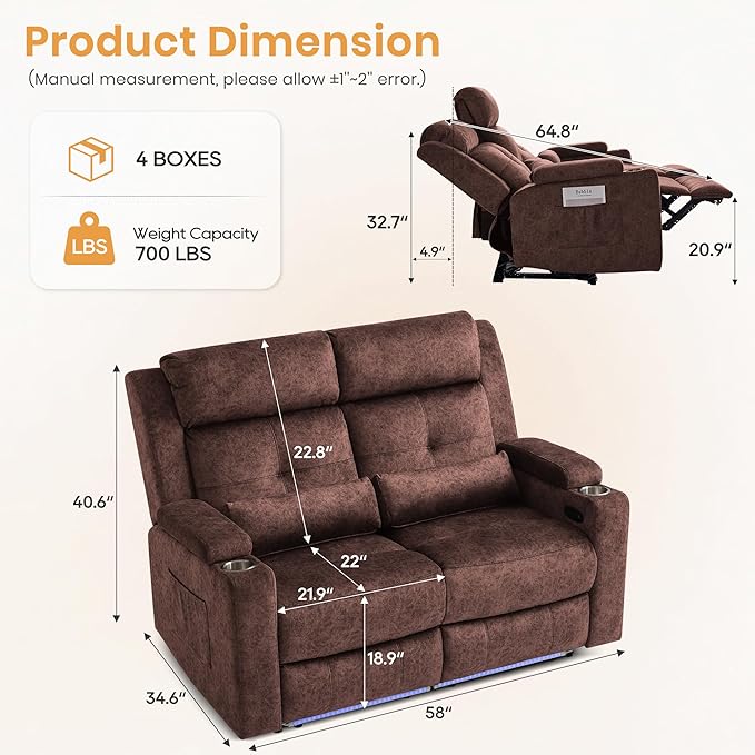 Power Reclining Loveseat with LED Lights/Arm Storage, Wall Hugger Loveseat Recliner with USB Ports, 2 Cushions, Power Loveseat Sofa for Living Room, Home, RV Camper(Brown, 2 Seat)