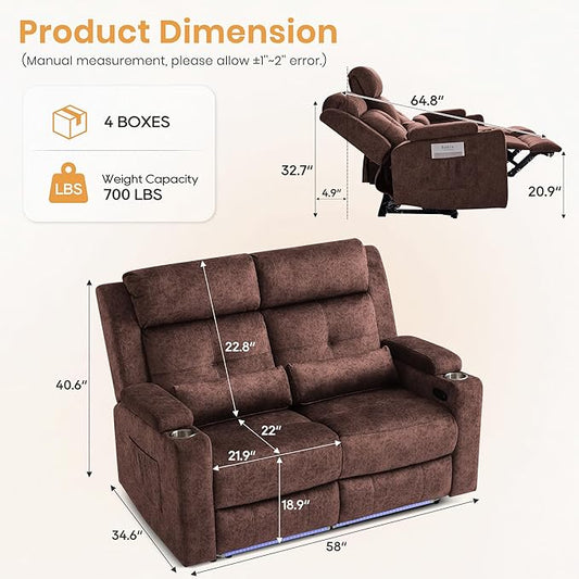 Power Reclining Loveseat with LED Lights/Arm Storage, Wall Hugger Loveseat Recliner with USB Ports, 2 Cushions, Power Loveseat Sofa for Living Room, Home, RV Camper(Brown, 2 Seat)