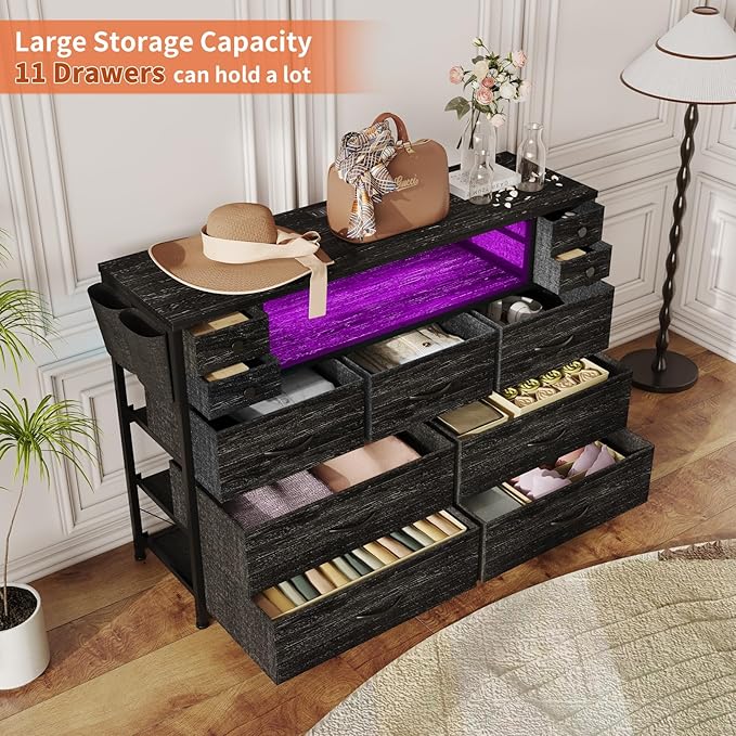 Dresser TV Stand with Power Outlets and LED Lights for 55'' TV, 11 Drawers Dresser with Side Pocket, Fabric Chest of Drawers with PU Finish, Sturdy Frame & Wood Top (Charcoal Black)