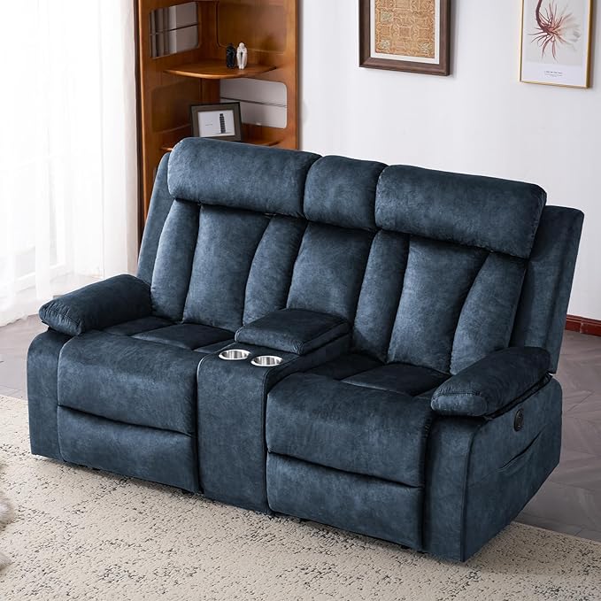 Power Loveseat Recliner Sofa with Heat and Massage, Double Recliner Loveseat with Console, RV Recliners-Wall Hugger Reclining Couch with USB & Type C for Living Room, RV,Home Theater | Heat and Massage, Cup Holder