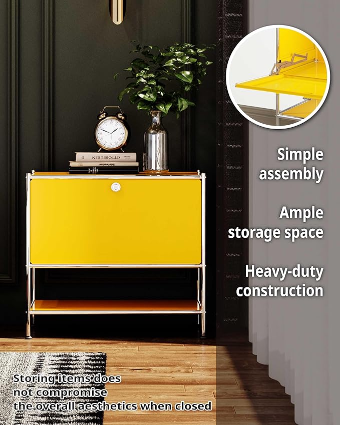 Metal Sidetable with Flap Door, 27.5" Height - DIY Modern Furnishing for Home, Office, Foyer, Bedroom - Night Stand, Book Shelf, Bookshelf, Cube Storage Organizer, Bedside Table (Matt Yellow)