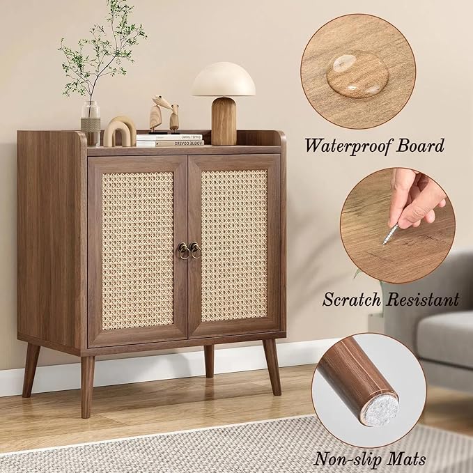 FONTOI Buffet Cabinet, Rattan Storage Cabinet with Round Pull Rings, Sideboard with Ample Storage, Bar Liquor Shelf with 2 Doors for Living Room, Hallway, Light Brown