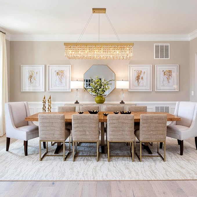 7PM Rectangle K9 Crystal Chandelier Modern Gold Crystal Chandelier Rectangular Pendant Lighting Fixture for Dining Room Kitchen Island Bedroom L40'' x W10'' x H10''