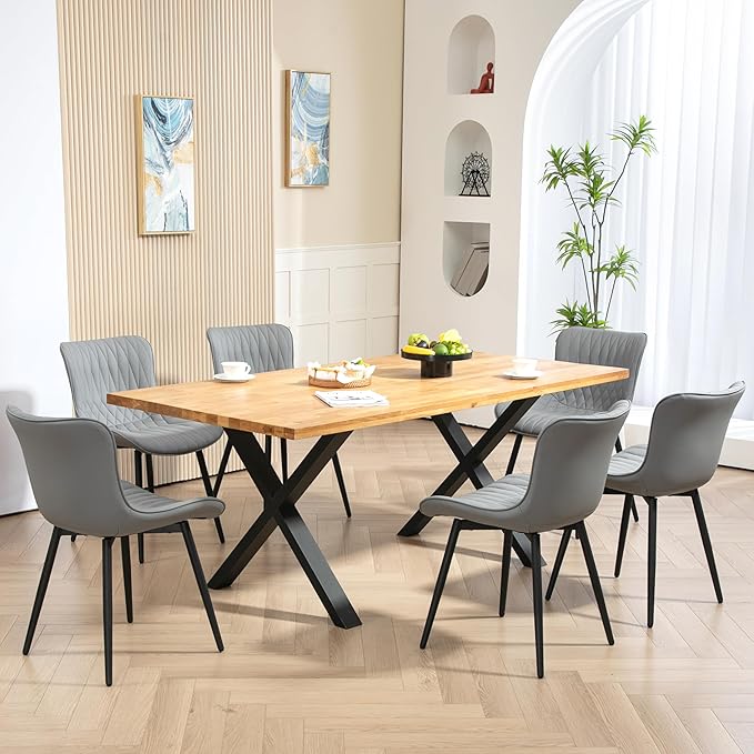 Finnhomy Dining Chairs Set of 2, Mid-Century Modern Upholstered Dining Chairs, Armless Faux Leather Accent Chairs with Backrest, Living Dining Room Chairs with Metal Legs for Dining Room, Light Grey