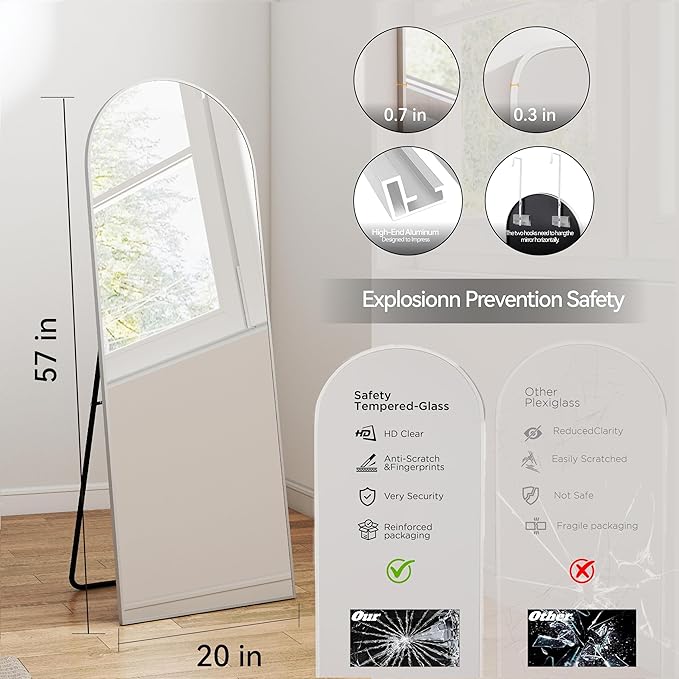 57x20 Door Hanging Full Length Mirror, Floor (Height 5.7ft just Body in1.3ft) or Wall Mounted Metal Frame Arch Dressing Mirrors for Bedroom Bathroom Living Room 57 20 inch Silver
