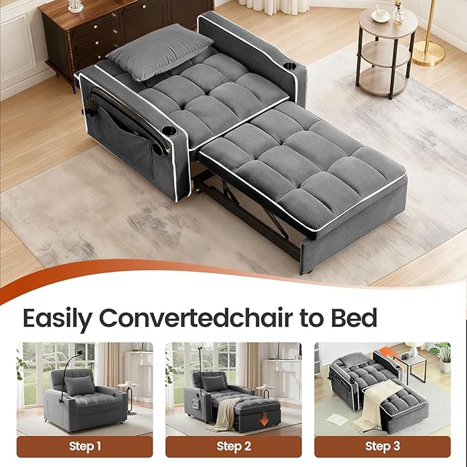 Convertible Sleeper Chair Bed, Pull Out Chair Sleeper with Bracket and Cup Holder, Chairs Bed Sleepers for Adults, 3 in 1 Sofa Bed Chairs for Small Spaces, Living Room, Gray