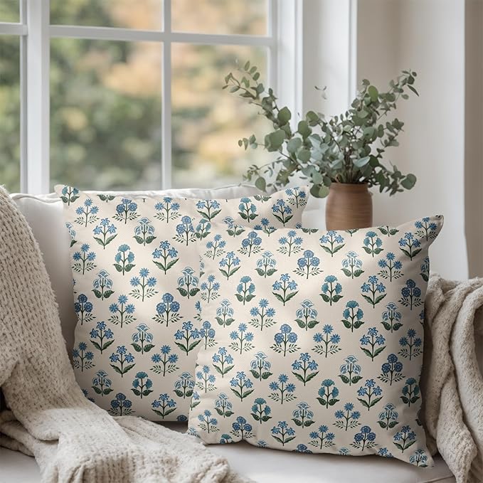 Floral Pillow Covers 24x24 Set of 2 Blue Green Block Print Throw Pillow Cases Vintage Flower Pattern Pillowcases Spring Summer Rustic Outdoor Cushion Covers for Farmhouse Sofa Couch Decor