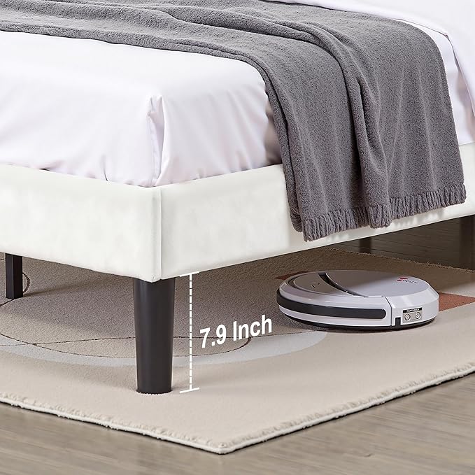 VECELO Queen Size Bed Frame with Velvet Upholstered Headboard, Platform Bedframe Mattress Foundation, Sturdy Wooden Slats Support,No Box Spring Needed Noise Free/Easy Assembly, Off White