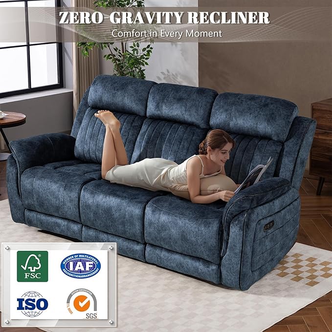 Zero Gravity Power Recliner Sofa Couch – Electric Reclining Sofa with Drop Down Table & Wireless Charging, 3 Seater Reclining Couch with Adjustable Headrests for Living Room (Velvet, Blue)