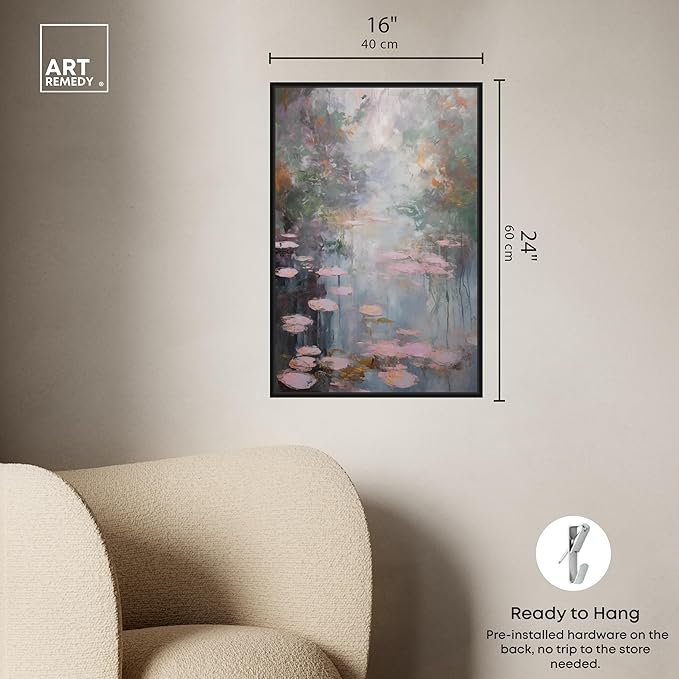 Art Remedy Pink Impressionisty Lilypads Framed Impressionism 1 Piece Canvas Wall Art/Monet And Van Gogh Inspired Art, 17" x 25", Black Frame