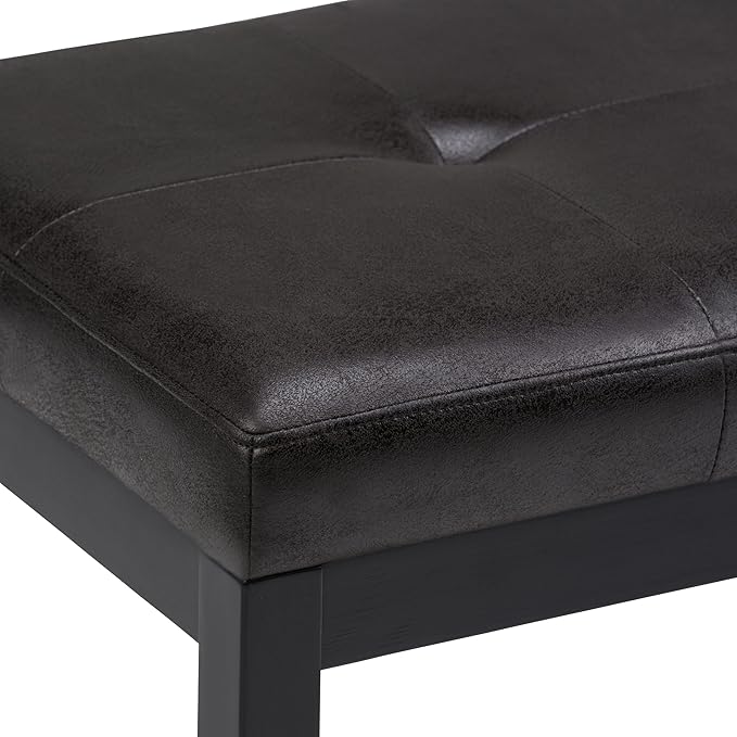 SIMPLIHOME Lacey Tufted Ottoman Bench - 41 inch Wide Upholstered Vegan Leather Rectangle Ottoman in Distressed Black, Contemporary Bench for Bedroom or Entryway with Stitching Detail, Assembled