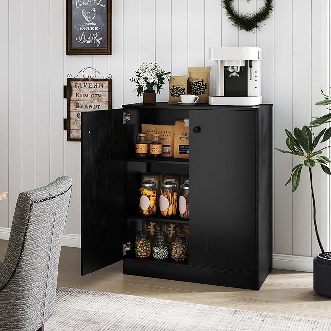 Giantex 2 Door Storage Base Cabinet - Freestanding Floor Cabinet with 3-Tier Shelf, Non-Slip Foot Pads, Kitchen Cupboard Storage Organizer for Living Room, Hallway, Entryway, Office (Black)