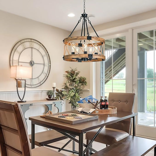 Farmhouse Chandeliers for Dining Room, 19.7” Rustic Chandelier, Round Hanging Light,5-Light Chandelier, Wood Chandelier Modern Chandelierr for Kitchen Living Room Foyer Entryway