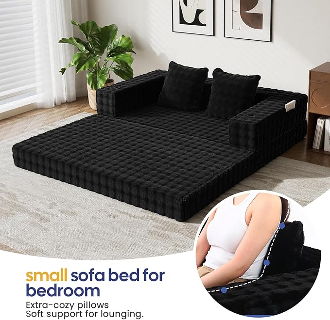 COMAX Futon Sofa Bed, 4‑in‑1 Convertible Sofa Bed, Folding Boneless Couches for Living Room, Fold Out Small Foldable Loveseat Floor Sleeper Comfy Mattress Lounge Space‑Saving, Dark Black | 4-in-1 Convertible, Folding Boneless, Space-Saving, Floor Sleep...