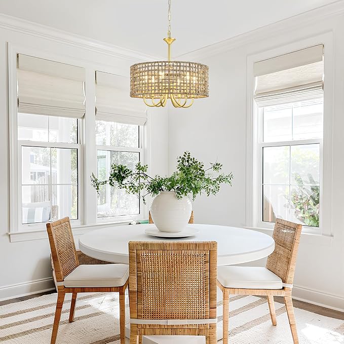 6-Light Large Woven Rattan Chandelier, 17.7'' Boho Pendant Light Gold Drum Hanging Light Fixture, Coastal Handwoven Wicker Chandeliers for Dining Room Living Room Kitchen Hallway