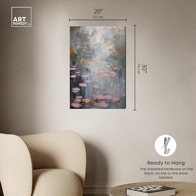 Art Remedy Pink Impressionisty Lilypads Gallery Wrapped Impressionism 1 Piece Canvas Wall Art/Monet And Van Gogh Inspired Art, 20" x 30", Gallery Wrapped