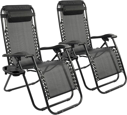 Elevon Zero Gravity Chair Set of 2 with Cup Holder & Removable Pillows, Adjustable Reclining Outdoor Patio Folding Chairs Portable Lounge Chair Furniture for Poolside, Lawn, Beach, Camping, Black