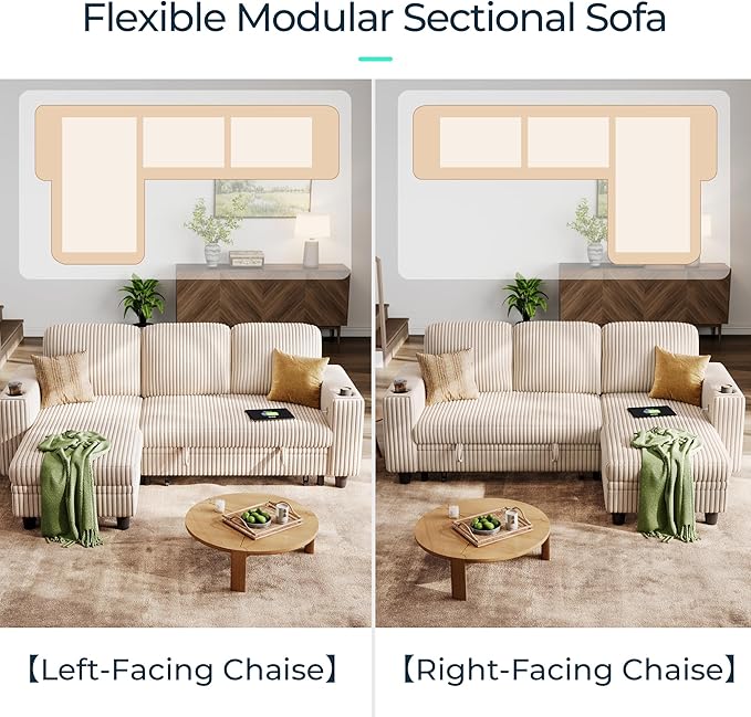 LINSY HOME Sectional Sleeper Sofa Pull Out Couches for Living Room (Beige, Sleeper Sofa 1) | Pull Out Sofa Bed, Storage, USB Charging, Cup Holders, Plush Corduroy | Pull Out Sofa Bed, Storage, USB Charging, Cup Holders, Plush Corduroy, Convertible Sofa...