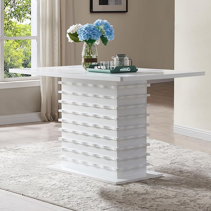 Kings Brand Furniture - Caballo Wood Pedestal Wave Design Modern Rectangular Kitchen Dining Room Table, White