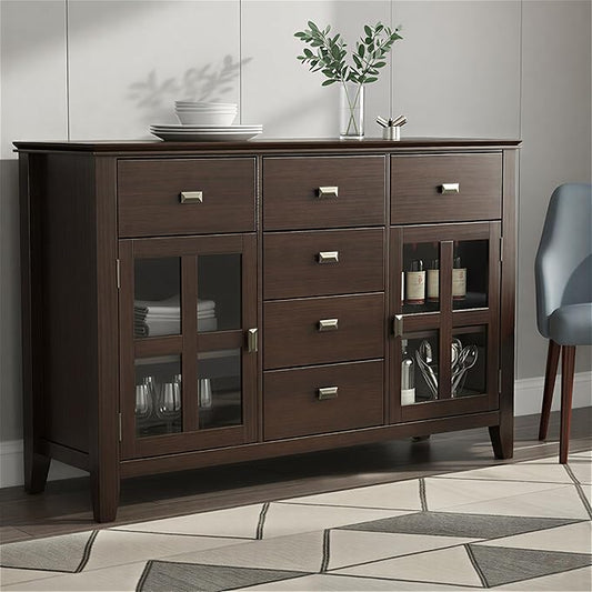 SIMPLIHOME Artisan Buffet - 54 inch Wide Solid Wood 3-Door Sideboard Buffet in Dark Chestnut Brown, Transitional Storage Cabinet for Dining Room or Kitchen with Adjustable Shelves and Bronze Hardware