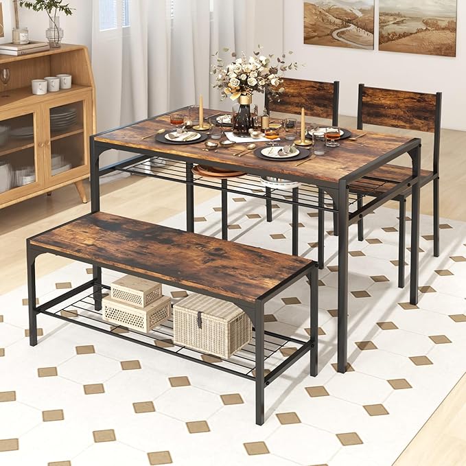 COSTWAY 4 Pieces Dining Table Set, Kitchen Table and 2 Chairs for 4 with Bench, Storage Racks, Metal Frame & Space-saving Design, Industrial Kitchen Table Set for Small Space, Apartment (Rustic Brown)