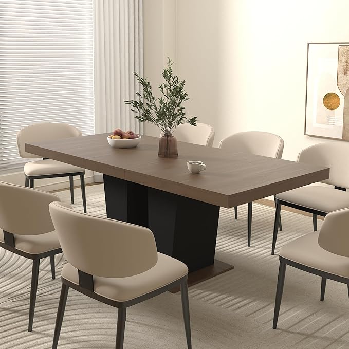 63" - 79" Extendable Dining Room Table, Expandable Kitchen Table for 6 to 10 People, Modern Wood Conference Table, Large Dining Table(Brown & Black, Pedestal Base B)