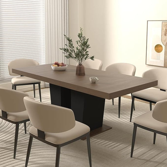 63" - 79" Extendable Dining Room Table, Expandable Kitchen Table for 6 to 10 People, Modern Wood Conference Table, Large Dining Table(Brown & Black, Pedestal Base B)