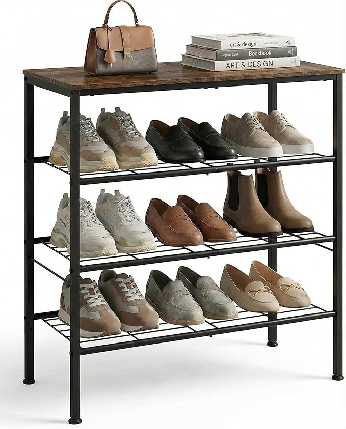 4-Tier Shoe Rack for Entryway, Bedroom & Living Room – Sturdy Shoe Storage Organizer with Adjustable Leveling Feet, Compact Design (26.9”x11.8”x26.1”), Rustic Brown