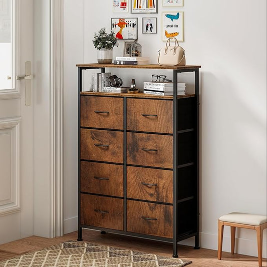 DUMOS Fabric Dresser for Bedroom with 8 Drawers, Tall 8-Drawer Chest of Drawers with Raised Shelf, Storage Tower with Fabric Bins for Closet Organization, Hallway Storage, Brown