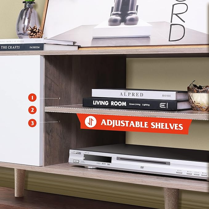 WLIVE Mid-Century Modern TV Stand for 55/60 Inch TV, Entertainment Center with Storage & Adjustable Shelves, Media Console with Soft-Close Cabinets for Living Room/Bedroom, Greige White