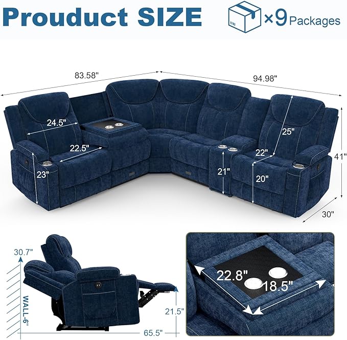 Dresegmt Home Theater Seating, Manual Recliner Sectional Sofa for Living Room, 5 Seater Reclining Sectional Couch with Flip-Up Backrest, Storage Console, USB Ports, Cloud-Like Blue Fabric