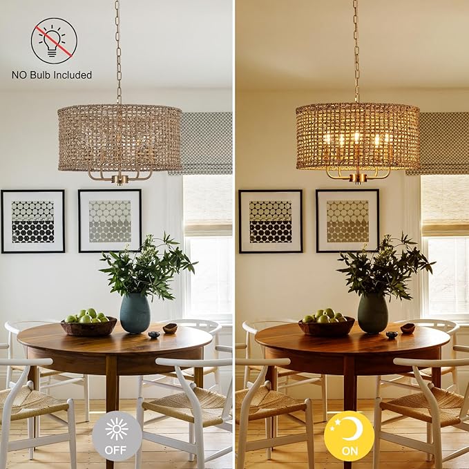 Boho Hand-Woven Rattan Chandelier Vintage Farmhouse Bamboo Golden Chandelier Modern 5-Lights Drum Wicker Gold Chandeliers for Dining Room, Kitchen, Living Room, Entryway, Bedroom, E12