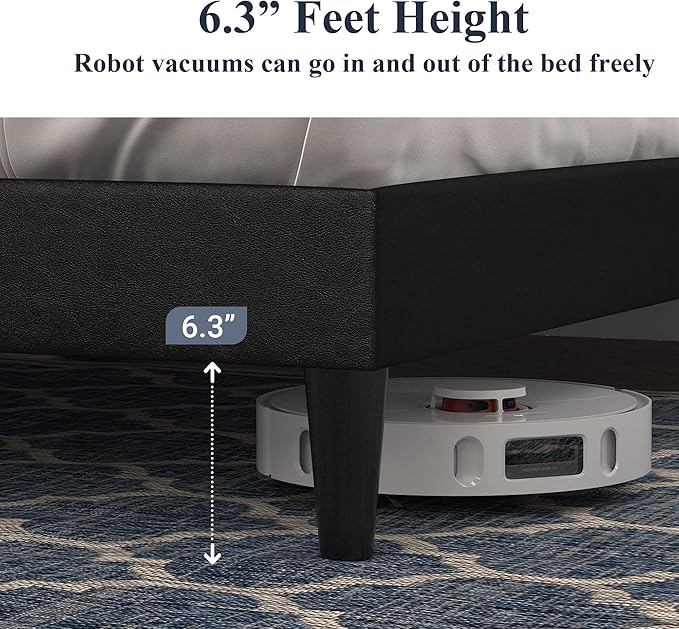 Allewie Queen Size Platform Bed Frame, Adjustable Faux Leather Headboard with Diamond Stitch and Button Tufted, Sturdy Wood Slats, Easy-Assembly, No Box Spring Needed, Deep Black