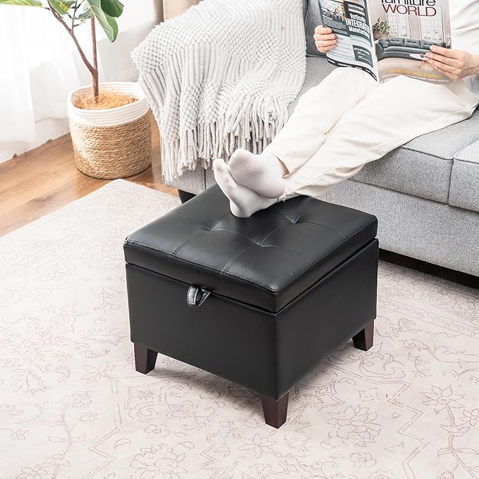 Adeco 17.7" Square Faux Leather Storage Ottoman, Tufted Footrest Stool with Hinged Lid & Wood Legs, Small Entryway Bench & Extra Seat for Living Room, Bedroom, Black