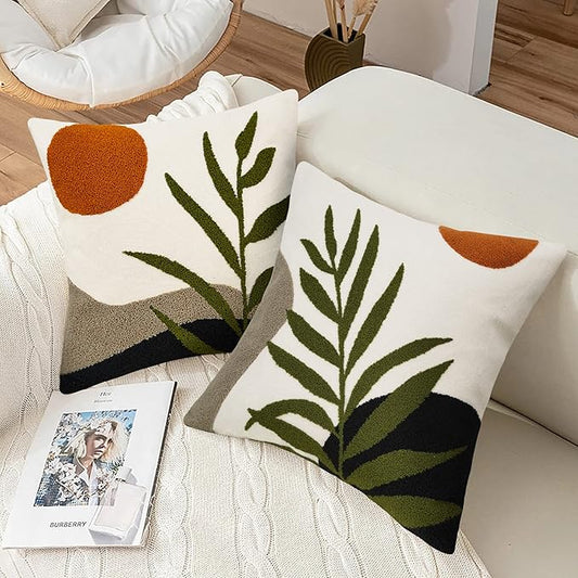 Merrycolor Boho Decorative Throw Pillow Covers 18x18 Tufted Green Decorative Pillows Covers Sun Leaf Mid Century Modern Throw Pillows for Bed Couch Sofa Living Room 1PC(Black and Green)