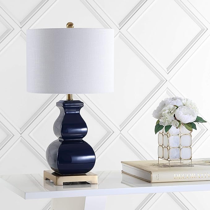 JONATHAN Y 25.5" Navy Blue/Gold Ceramic Table Lamp for Living Room Bedroom, White Linen Shade, Modern Footed Vase Bedside Lamp, LED Bulb Included, UL Listed JYL3049A