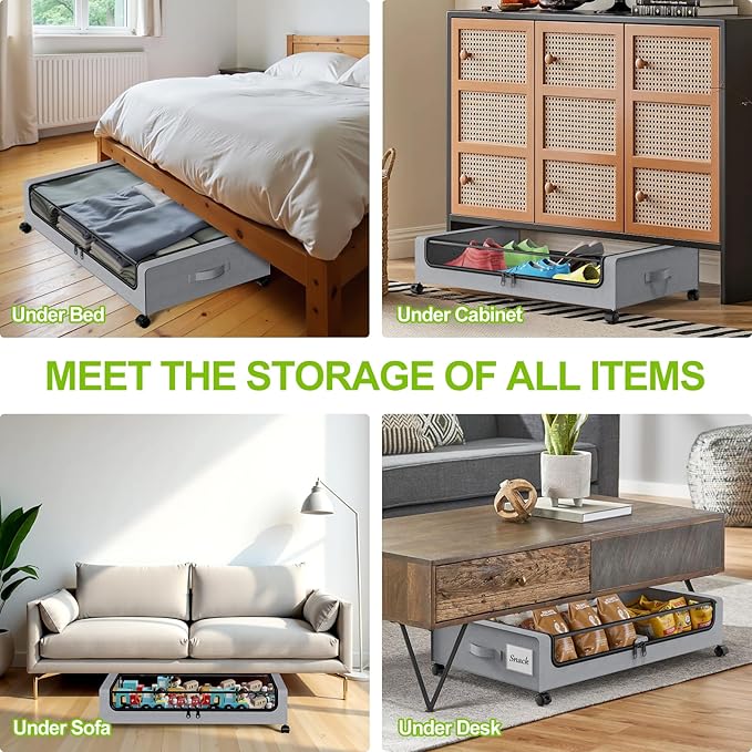 Under Bed Storage with Wheels, 4 Pack Under bed Storage Containers with Clear Lids & Zippers, Under Bed Shoe Storage Organizer, Rolling Underbed Storage for Clothes, Shoes, Blankets (Grey)