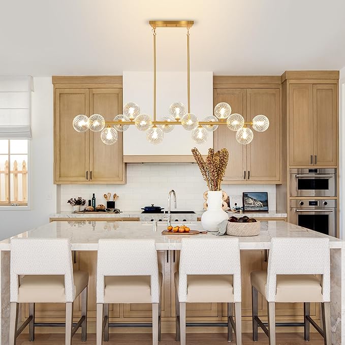 Modern Chandeliers for Dining Room Swirled Glass 55" Gold Linear Sputnik Chandelier 16-Light Large Chandelier Bubble Dining Room Light Fixture Linear Island Lights for Kitchen, Electroplated Brass