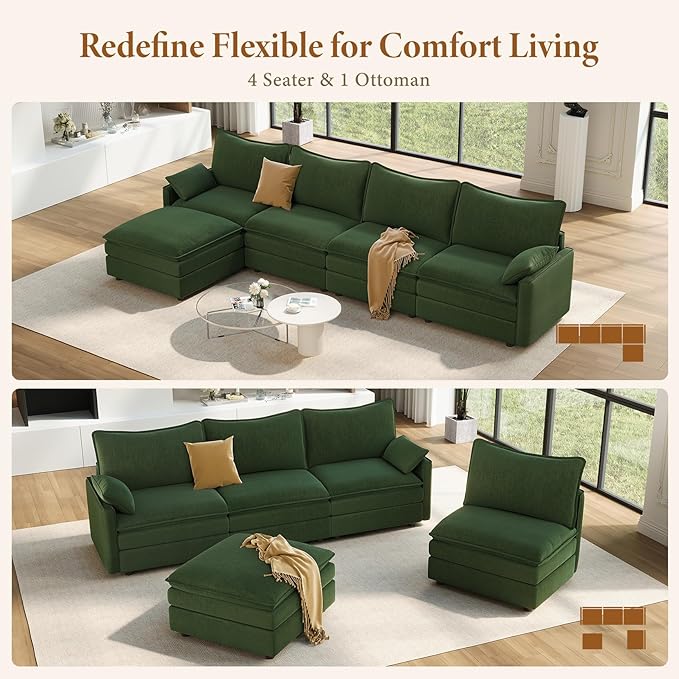 Vesgantti 142" Cloud Couch Sectional Modular Sofa, Comfy Sectional Couch with Ottoman Deep Seat Chenille L Shaped Sofa, Modular Couches for Living Room, Bedroom and Apartment, Green | Sink-in Comfort, Height Adjustable, Easy Rearrangement, Extra-deep O...