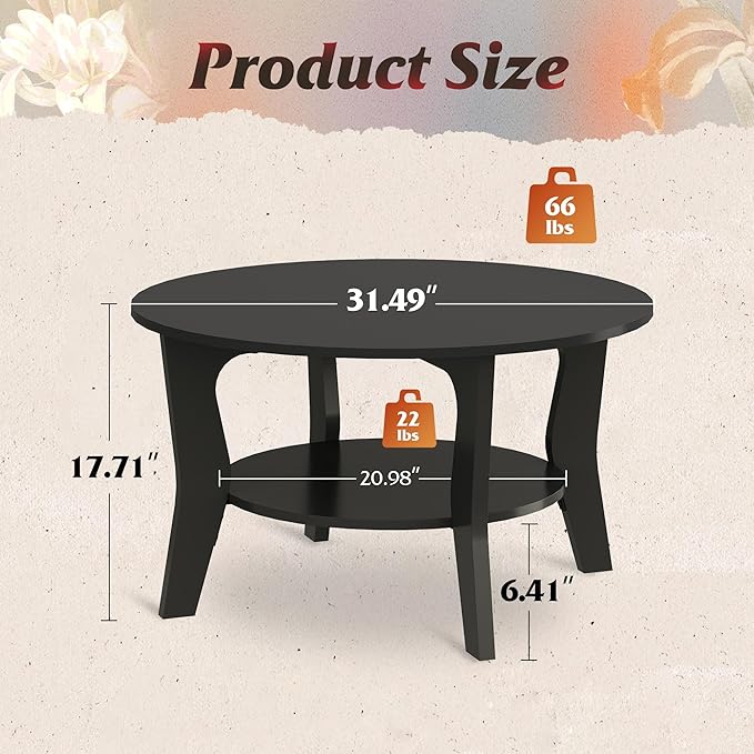 WLIVE Round Coffee Table, 2-Tier Small Coffee Table with Storage Shelf, Circle Wood Center Table for Living Room, Apartment, Easy Assembly, Black