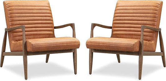 Poly & BARK Rowan Lounge Chairs Set of 2 – Mid Century Modern Leather Armchairs with Ribbed Seat and Solid Ash Wood Frame, Cognac Tan
