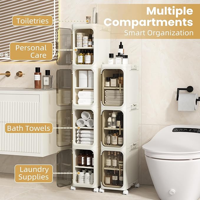 3 Tier Slim Bathroom Storage Cabinet, Narrow Organizer with Wheels and Toilet Paper Holder, Waterproof, No Assembly Required, Perfect for Small Spaces in Bathroom, Kitchen and Bedroom