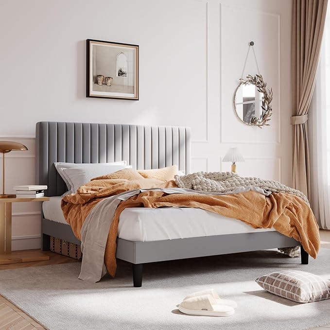 SHA CERLIN Full Upholstered Platform Bed Frame with Vertical Channel Tufted Velvet Fabric Adjustable Headboard, Wooden Slats Support, Mattress Foundation, Box Spring Optional, Grey
