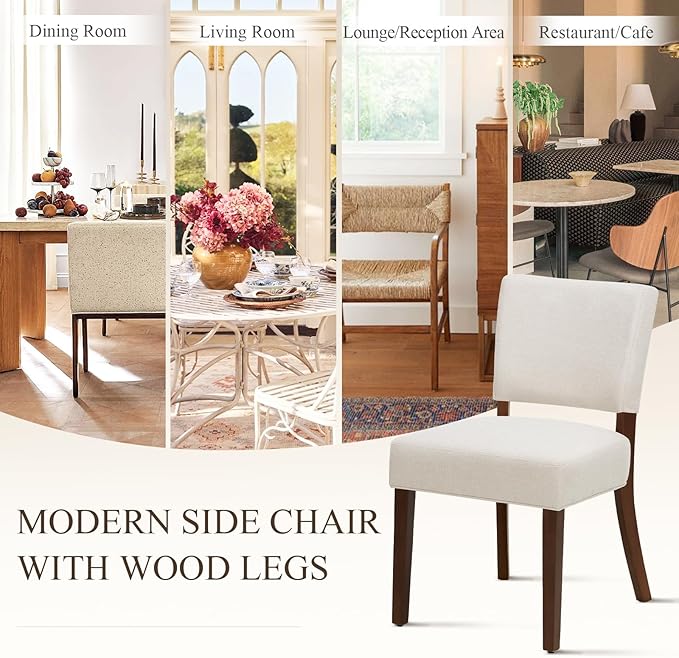 COLAMY Upholstered Dining Chairs Set of 2, Fabric Kitchen Chairs with Padded Seat & Back, Solid Wood Legs, Modern Simple Dining Room Chairs for Kitchen, Dining Room, Living Room, Beige