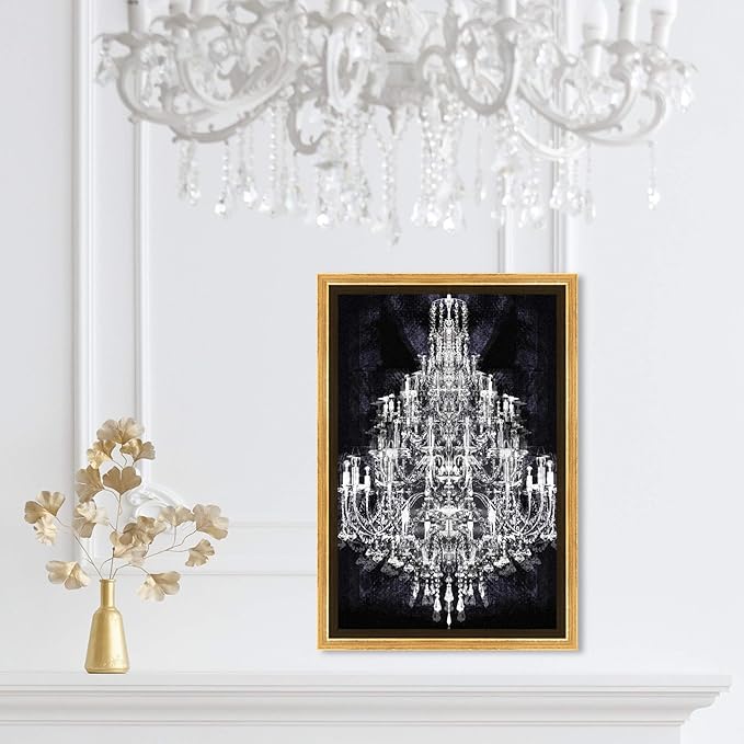 The Oliver Gal Artist Co. Fashion and Glam Framed Wall Art Canvas Prints 'Montecarlo Crystal' Chandeliers Home Décor, 10" x 15", White, Black