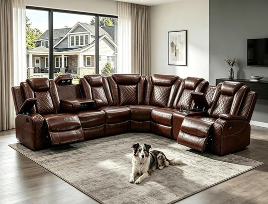Power Recliner Sectional Sofa with LED Lighting, Breathing Leather Corner Couch with USB Port and Storage Console, Cup Holders, Reading Light – Home Theater & Living Room Seating (Red)
