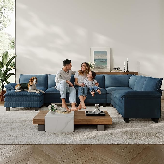 LINSY HOME Modular Sectional Sofa Couch Corduroy Cloud Couches for Living Room, U-Shaped Cloud Couch Sectional Sofas for Bedroom and Apartment, Blue