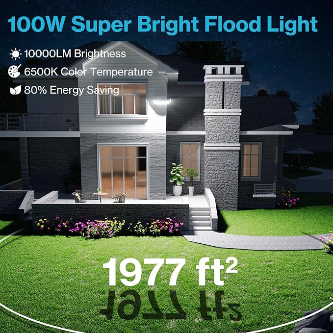 Olafus 100W Flood Light Outdoor 2 Pack, Switch Controlled LED Security Lighting 10000LM, 6500K Outside Floodlight with 5 Adjustable Head, IP65 Waterproof Exterior Fixture Wired for House Yard Black