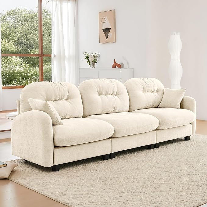 KEIKI 107" Oversized Chenille Modular Sectional Sofa with High-Density Foam Cushion and Tufted Pleated Cushion Backrest, Upholstered Modern 3-Seater Cloud Couch with 2 Pillow, for Living Room, Beige