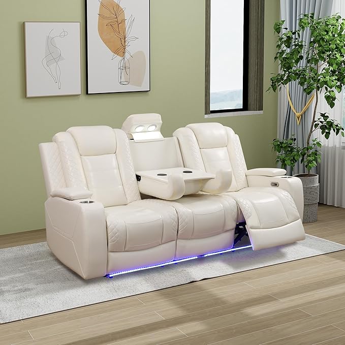 Air Leather Loveseat Power Recliner Sofa, 3 Seat Reclining Sofa with Drop Down Table,Reading Light, LED Lighting&USB Port (Cream White, Upgared)